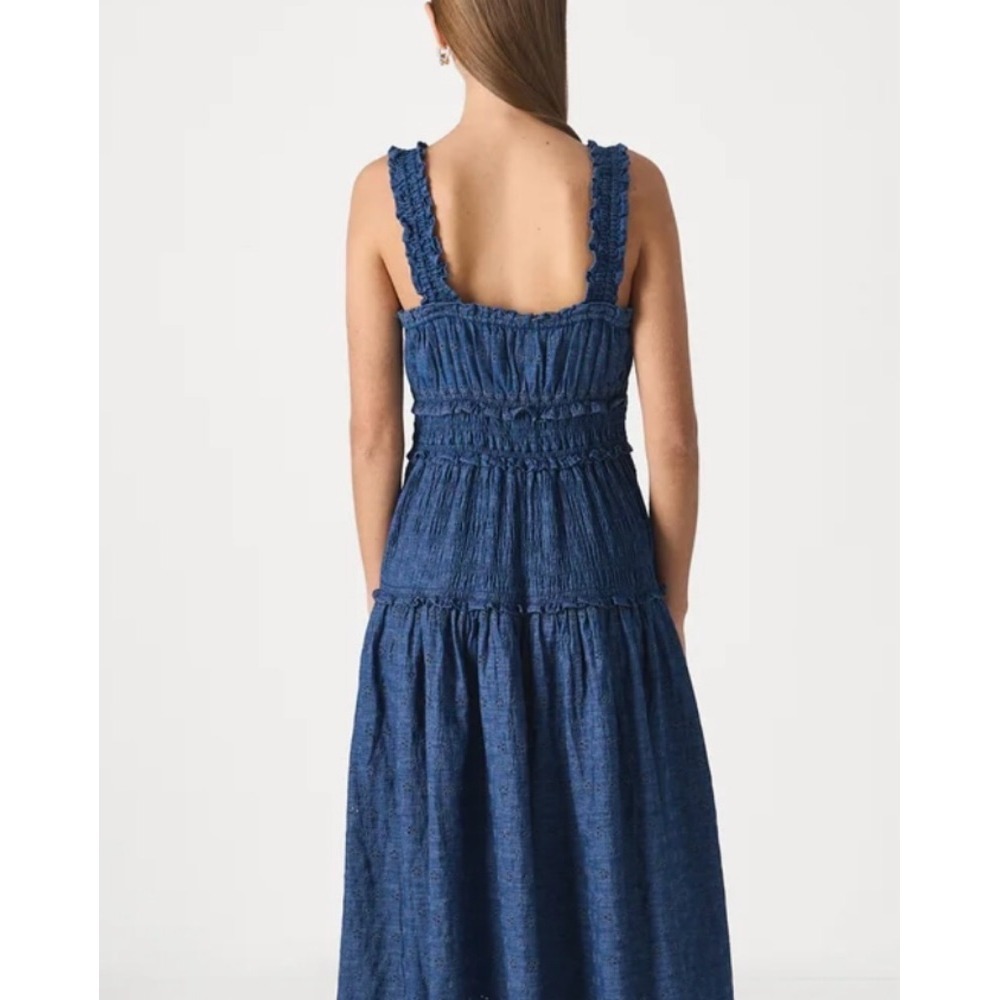 GAP DOEN Eyelet Tiered Maxi Dress Denim Blue Sleeveless Women's Size L - Picture 2 of 7